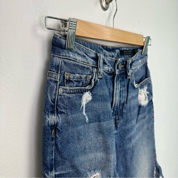 ALL Saints Distressed Denim Raw Hem Mini Jean Skirt 00 - Picture 3 of 5